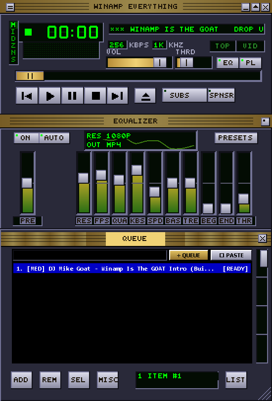 Winamp Everything: main window with clock, spectrum and marquee, the eleven-slider EQ, and the queue